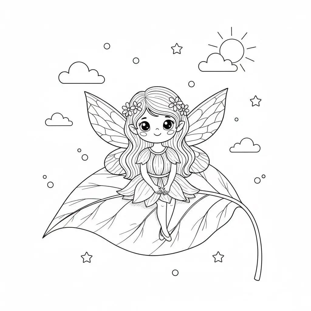 דף צביעה של פיה יושבת על עלה להדפסה