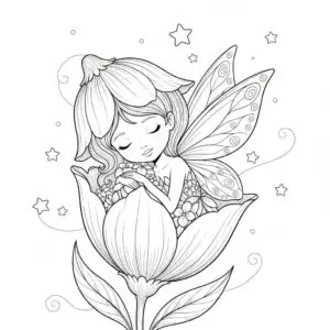 דף צביעה של פיה ישנה בפרח להדפסה