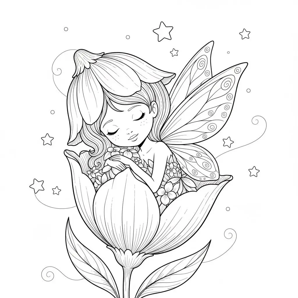 דף צביעה של פיה ישנה בפרח להדפסה