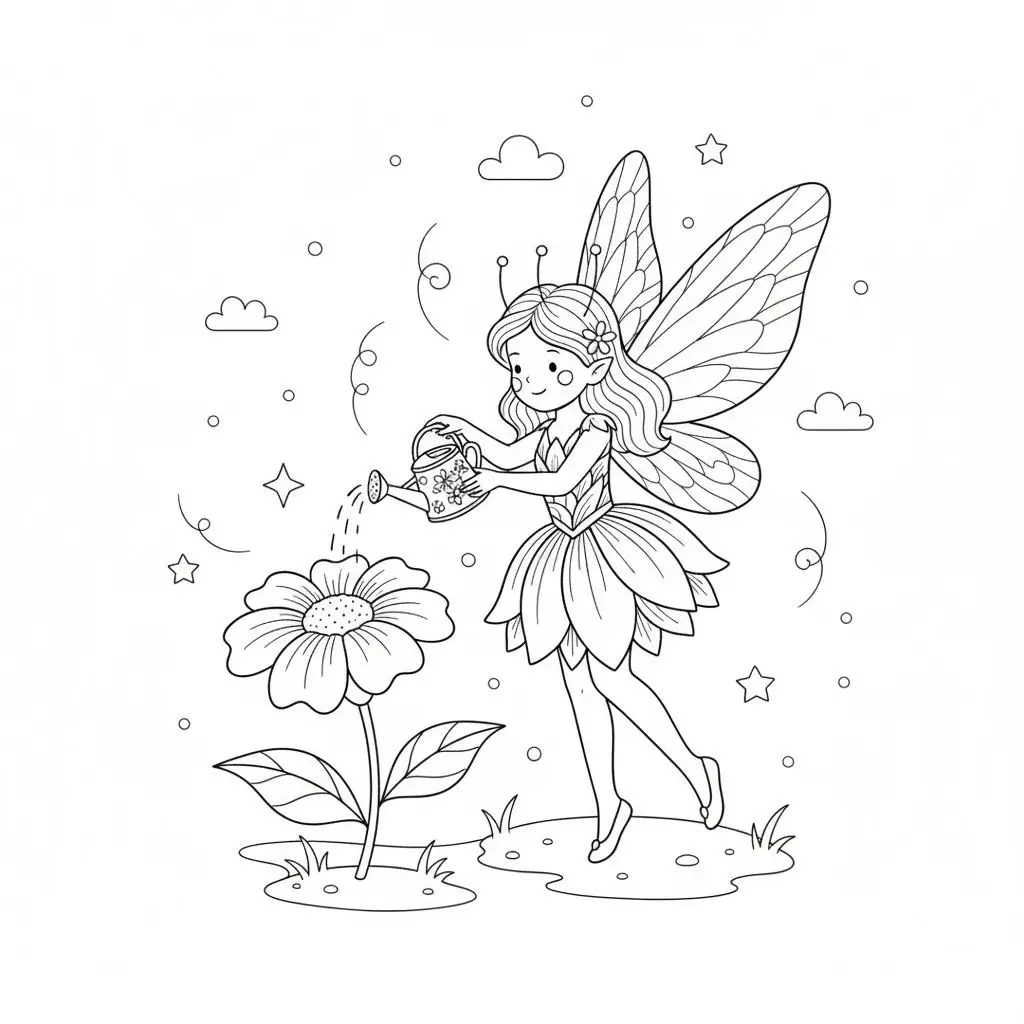 דף צביעה של פיה משקה פרח להדפסה