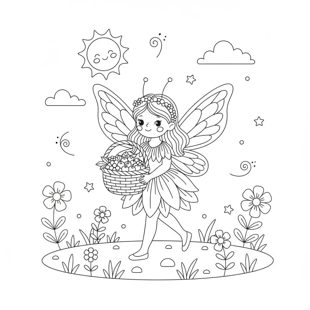 דף צביעה של פיה עם סל פירות להדפסה