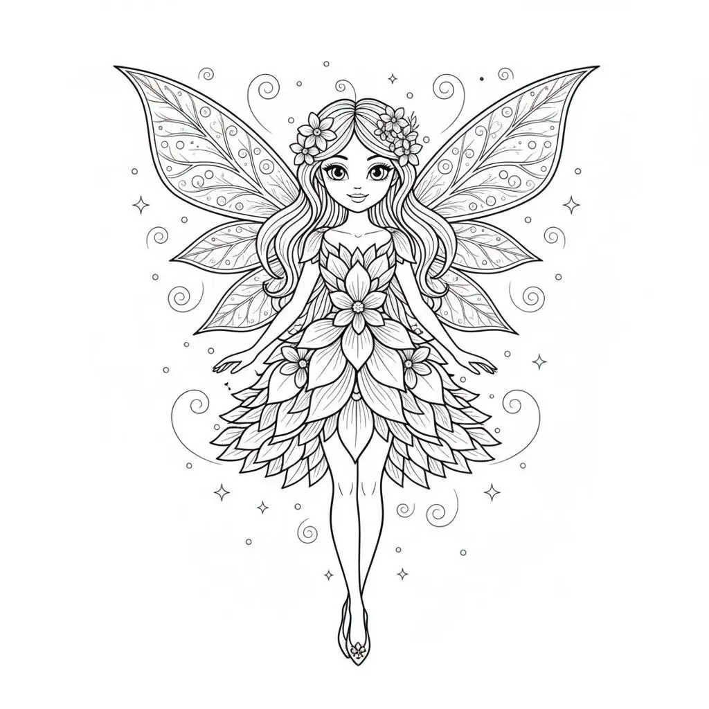 דף צביעה של פיה עם שמלת פרחים להדפסה