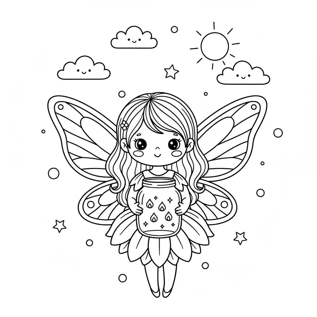 דף צביעה של פיה עם צנצנת קסומה להדפסה