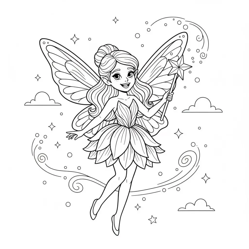 דף צביעה של פיה עם שרביט קסמים להדפסה