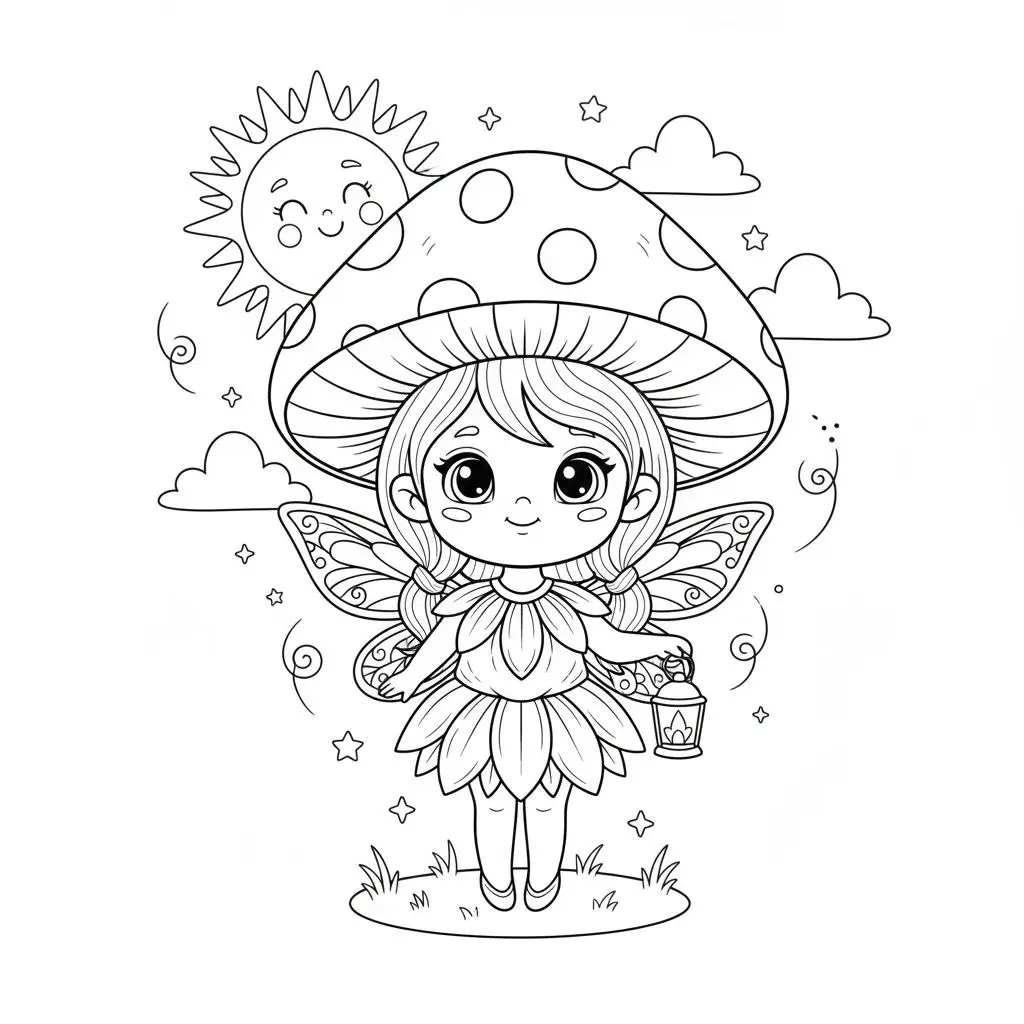 דף צביעה של פיה וכובע פטריה להדפסה