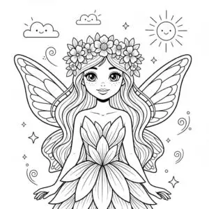 דף צביעה של פיה עם זר פרחים על הראש להדפסה