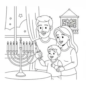 דף צביעה של משפחה מדליקה חנוכייה להדפסה