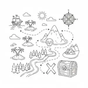 דף צביעה של מפת אוצר גדולה להדפסה