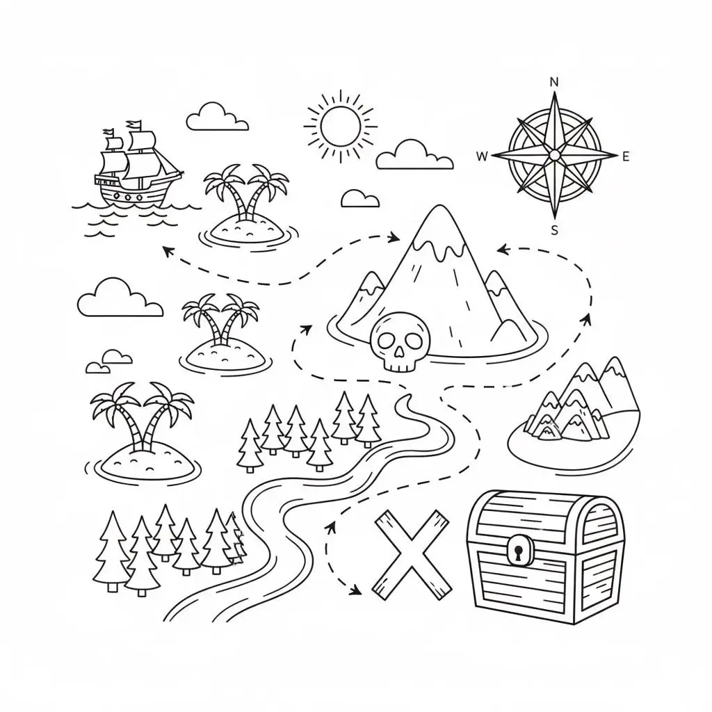 דף צביעה של מפת אוצר גדולה להדפסה