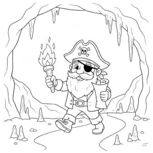 דף צביעה של שודד ים מחפש אוצר במערה להדפסה