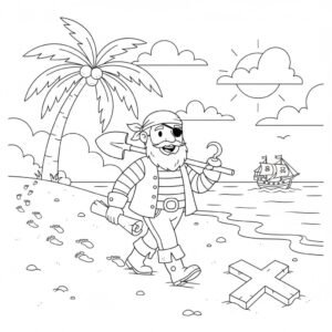 דף צביעה של שודד ים מחפש אוצר על אי להדפסה