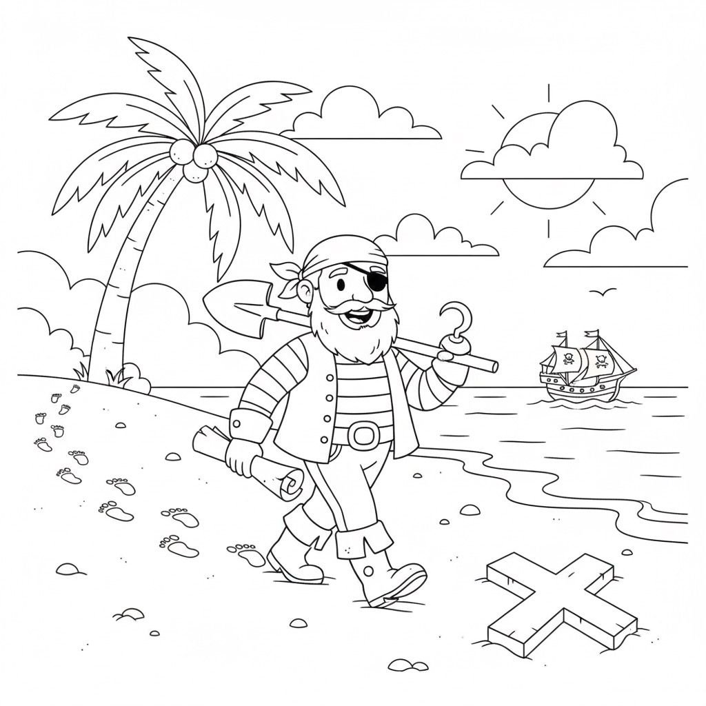 דף צביעה של שודד ים מחפש אוצר על אי להדפסה