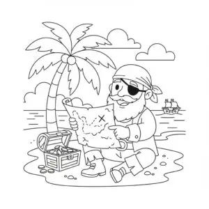 דף צביעה של שודד ים קורא מפת אוצר להדפסה