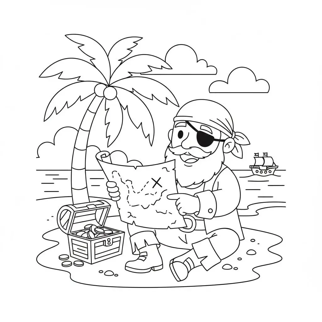 דף צביעה של שודד ים קורא מפת אוצר להדפסה