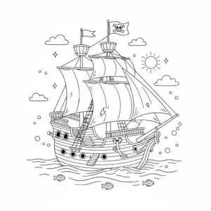 דף צביעה של ספינת שודדי ים להדפסה