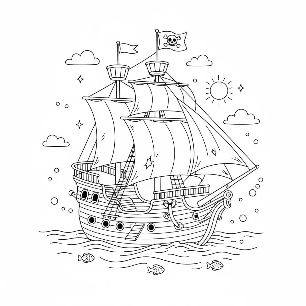 דף צביעה של ספינת שודדי ים להדפסה