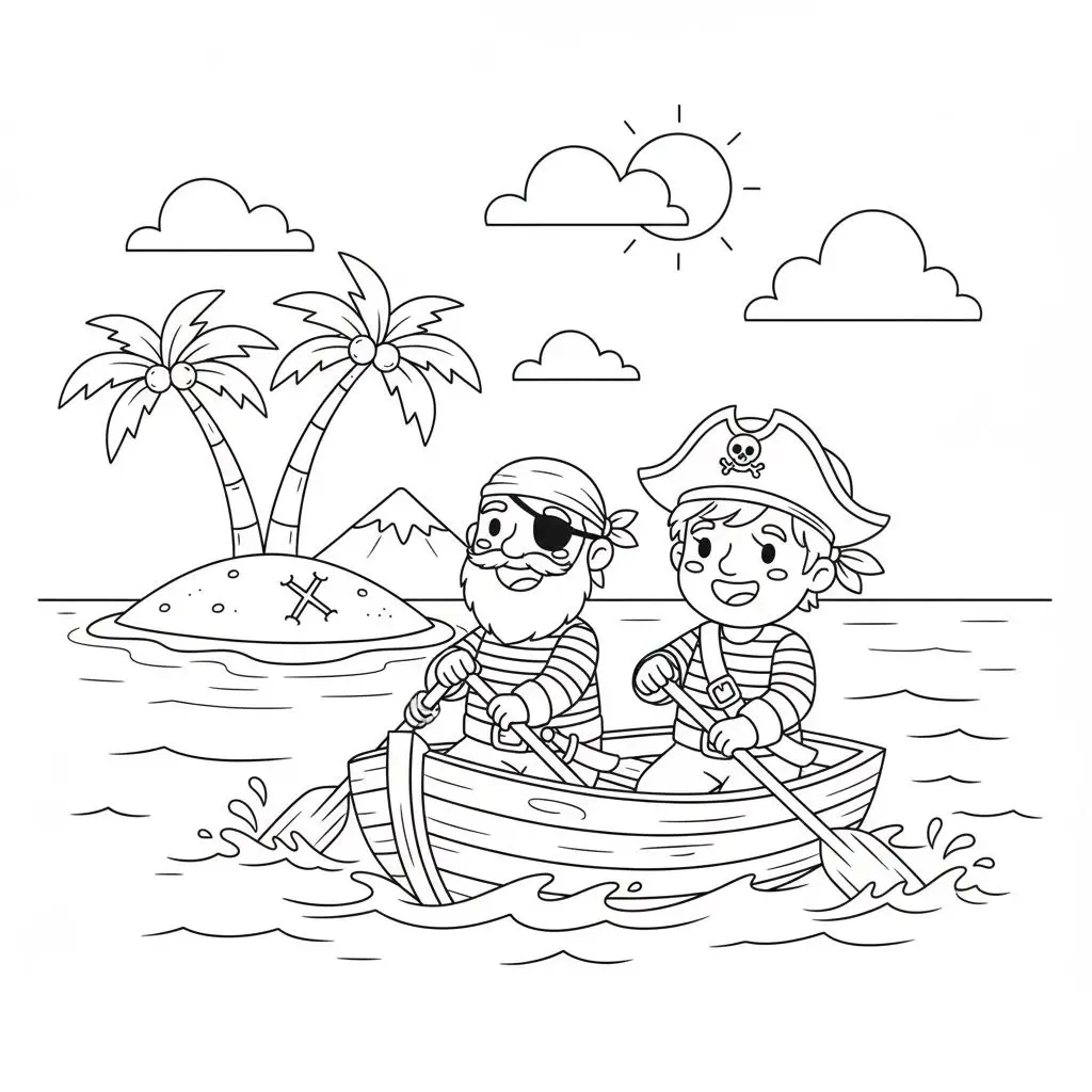 דף צביעה של שודדי ים בסירה קטנה להדפסה
