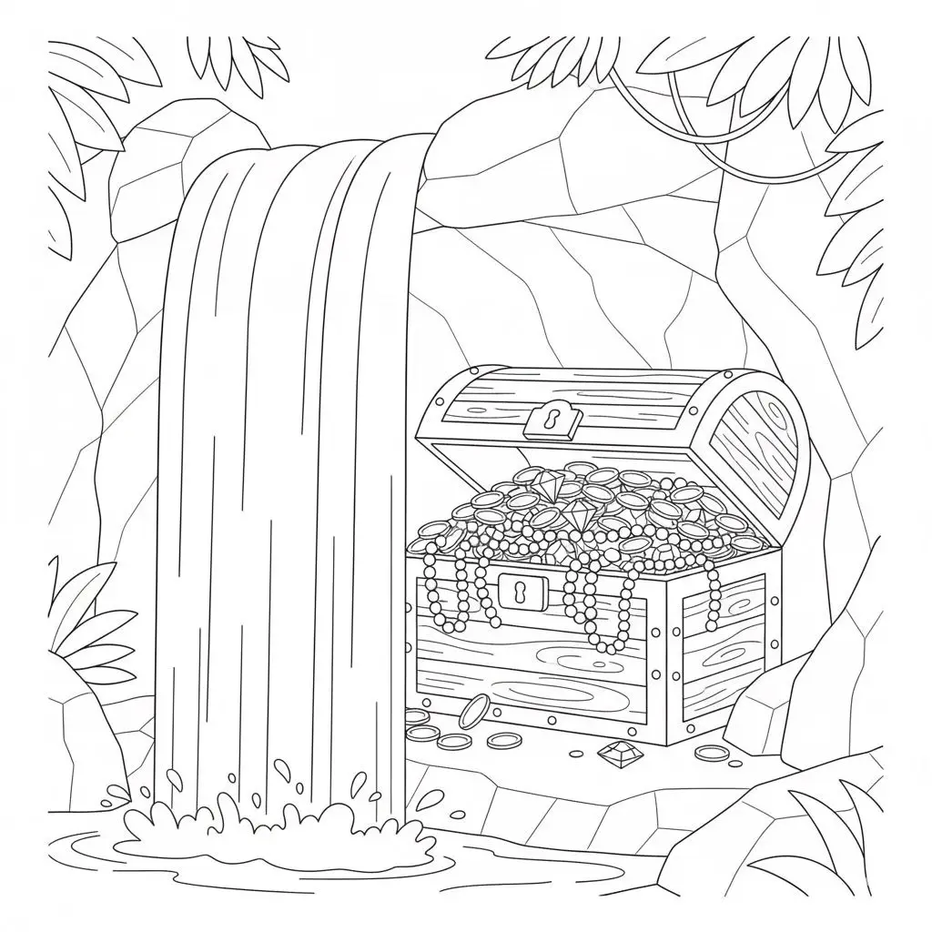 דף צביעה של אוצר מסתתר מאחורי מפל להדפסה