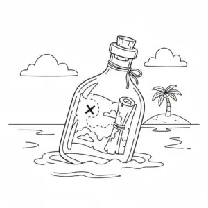 דף צביעה של מפת אוצר בבקבוק להדפסה