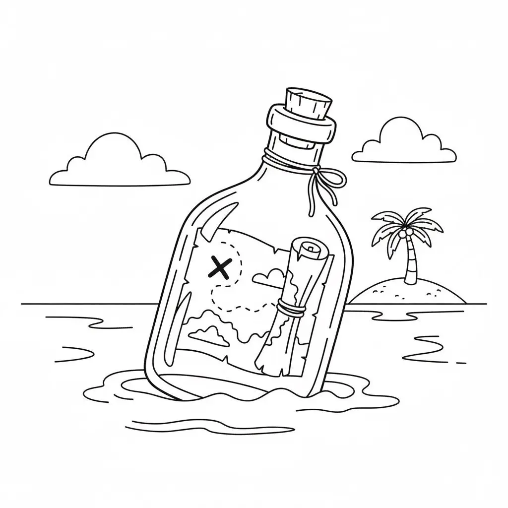 דף צביעה של מפת אוצר בבקבוק להדפסה