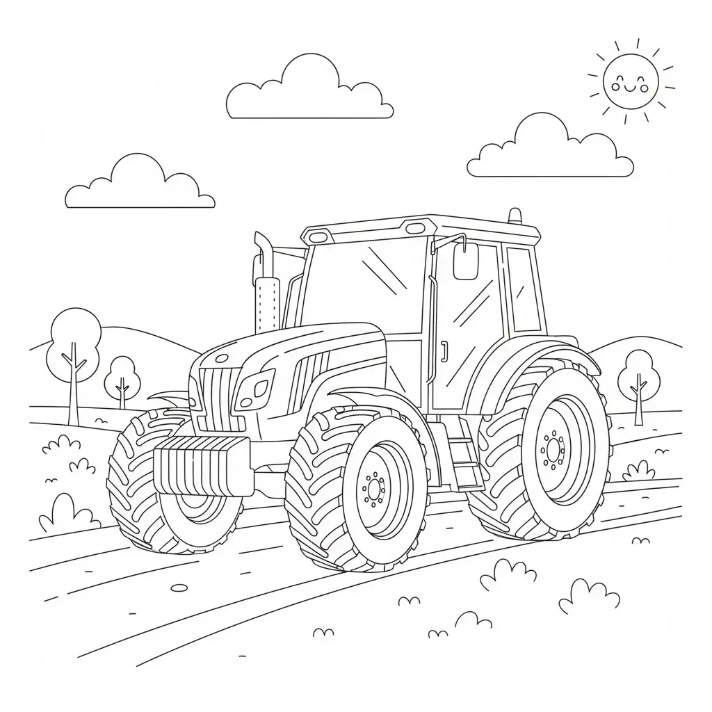 דף צביעה של טרקטור ענק בשדה להדפסה