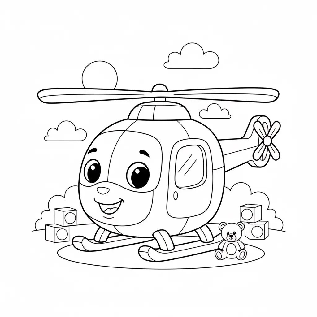 דף צביעה של מסוק וצעצועים להדפסה