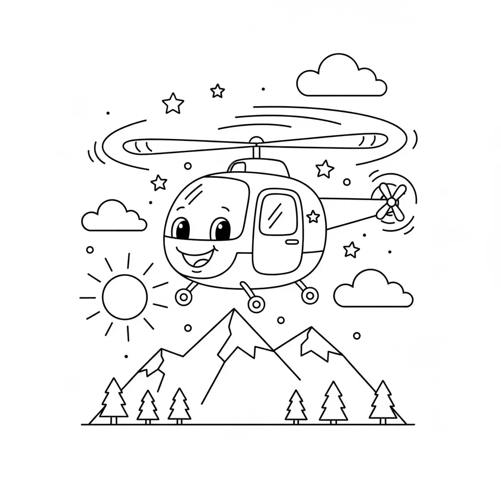 דף צביעה של מסוק מעל הרים להדפסה