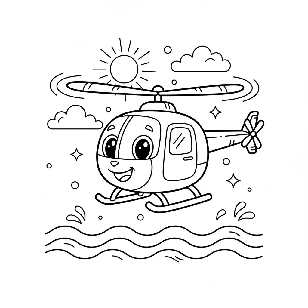 דף צביעה של מסוק מעל לים להדפסה