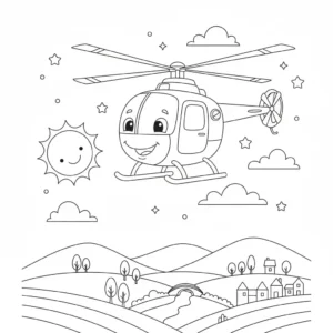 דף צביעה של מסוק מעל לכפר להדפסה