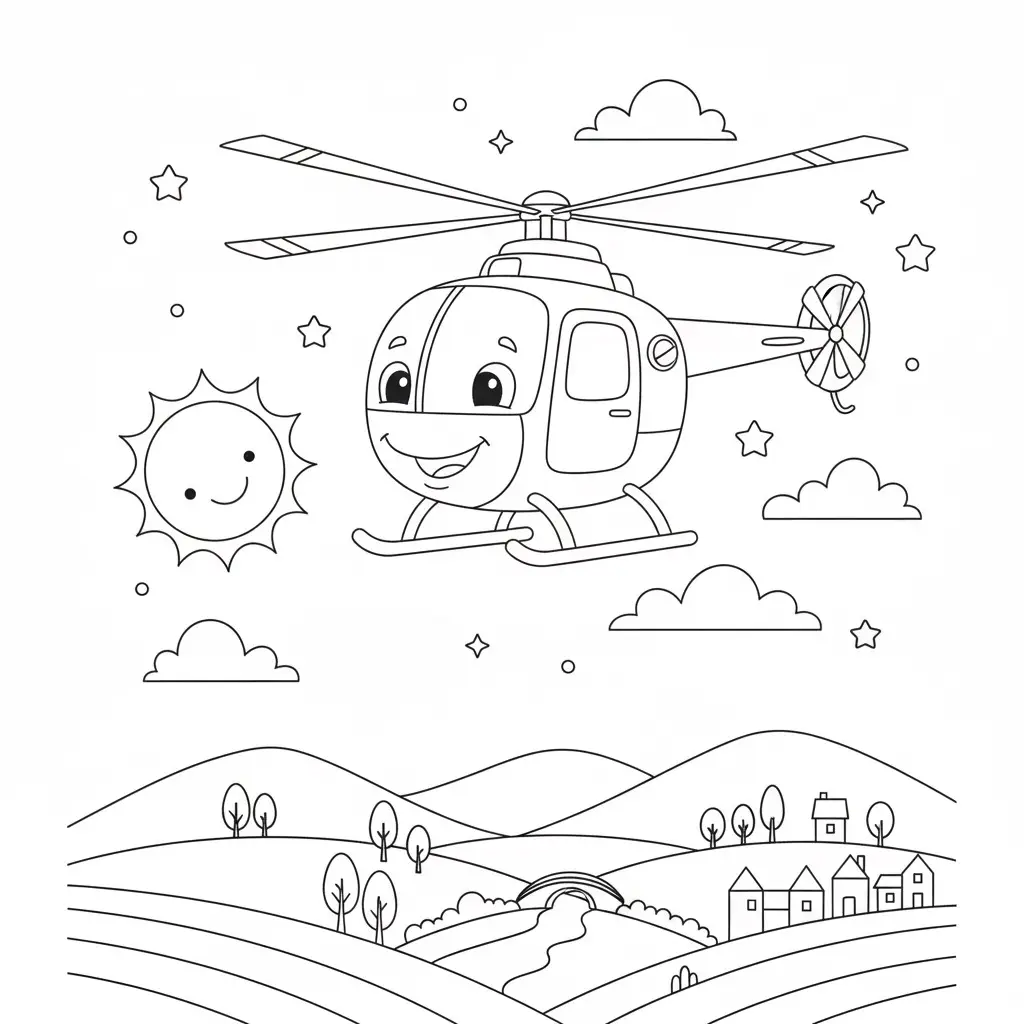 דף צביעה של מסוק מעל לכפר להדפסה