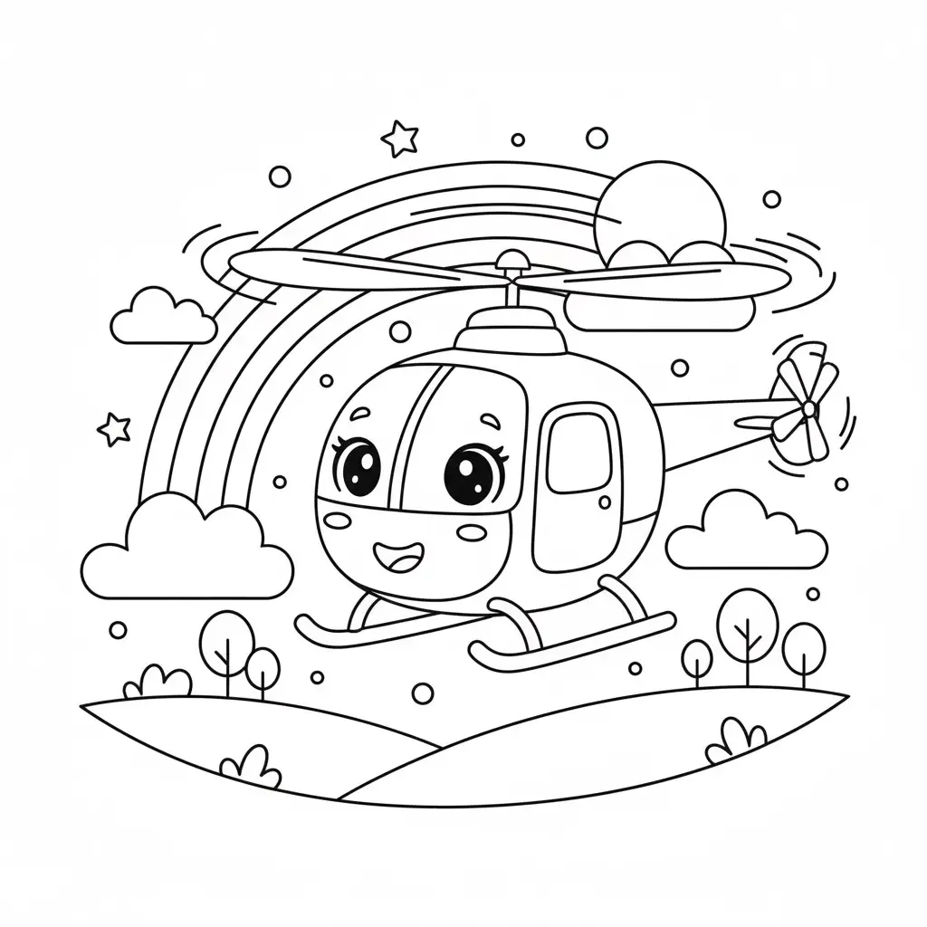 דף צביעה של מסוק וקשת בענן להדפסה