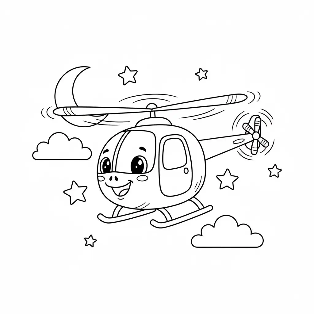 דף צביעה של מסוק ירח וכוכבים להדפסה