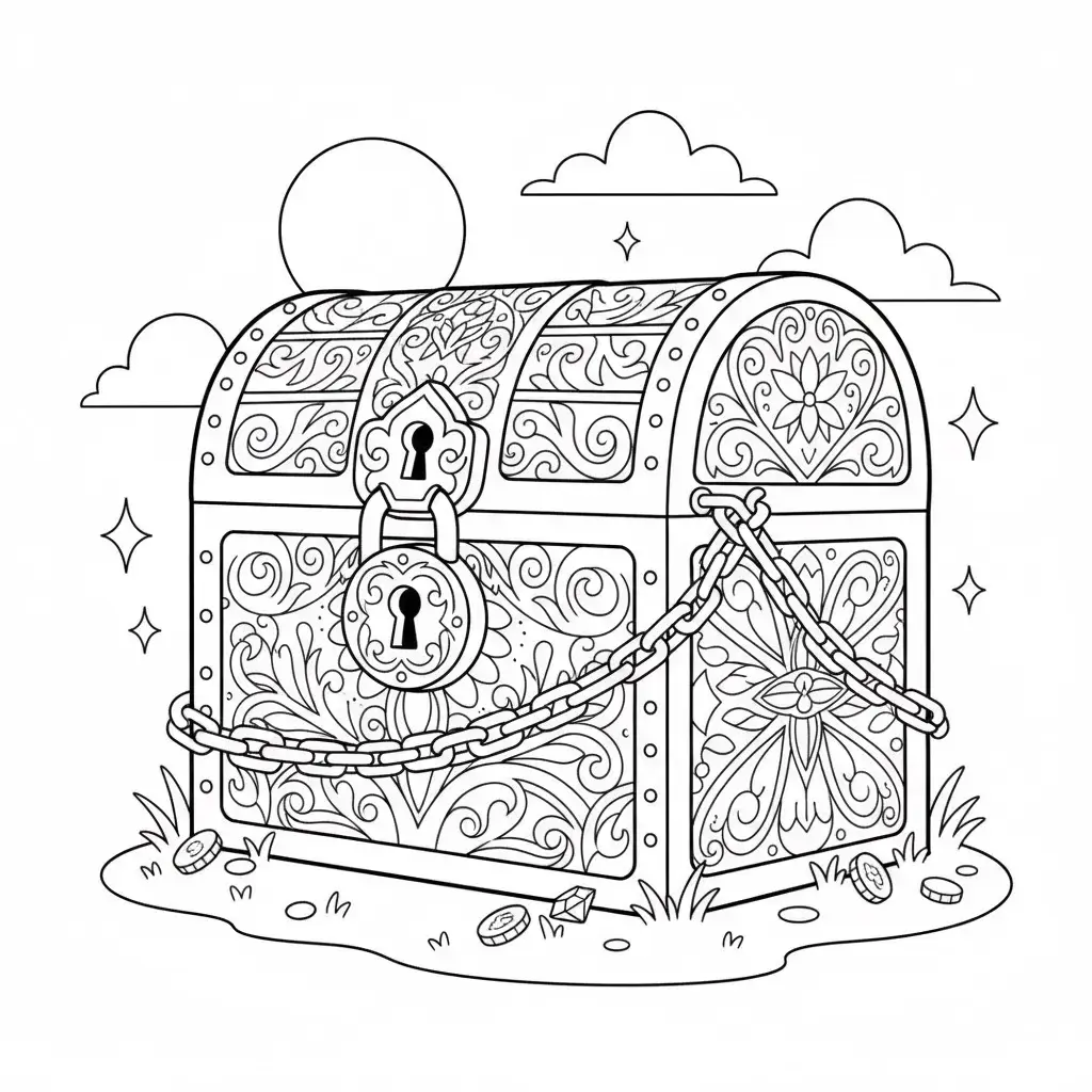 דף צביעה של תיבת אוצר קסומה להדפסה