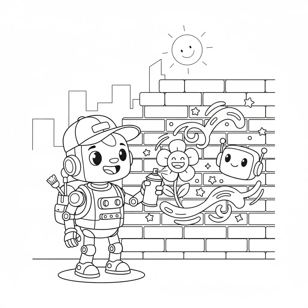 דף צביעה של רובוט מצייר גרפיטי להדפסה