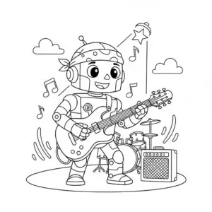 דף צביעה של רובוט מנגן בגיטרה להדפסה