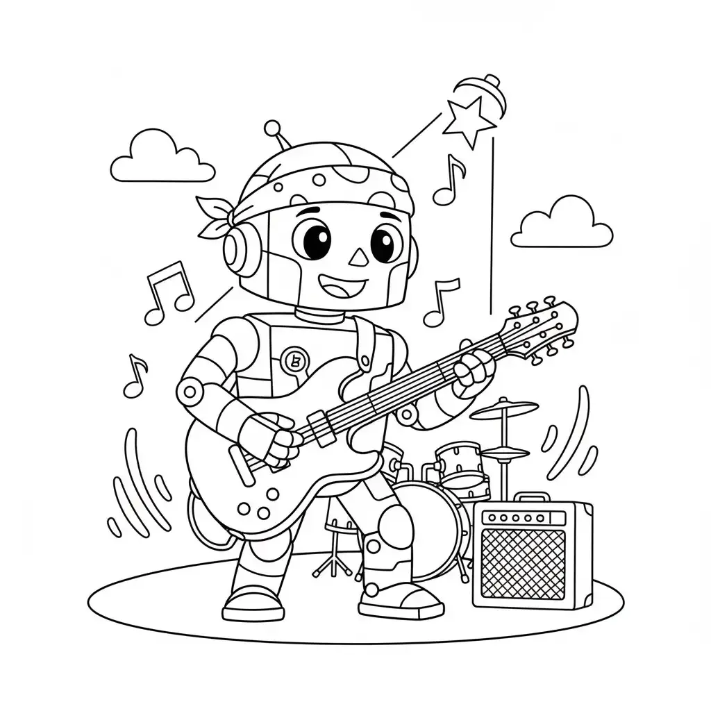 דף צביעה של רובוט מנגן בגיטרה להדפסה