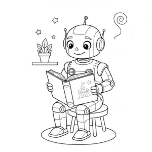 דף צביעה של רובוט קורא ספר להדפסה