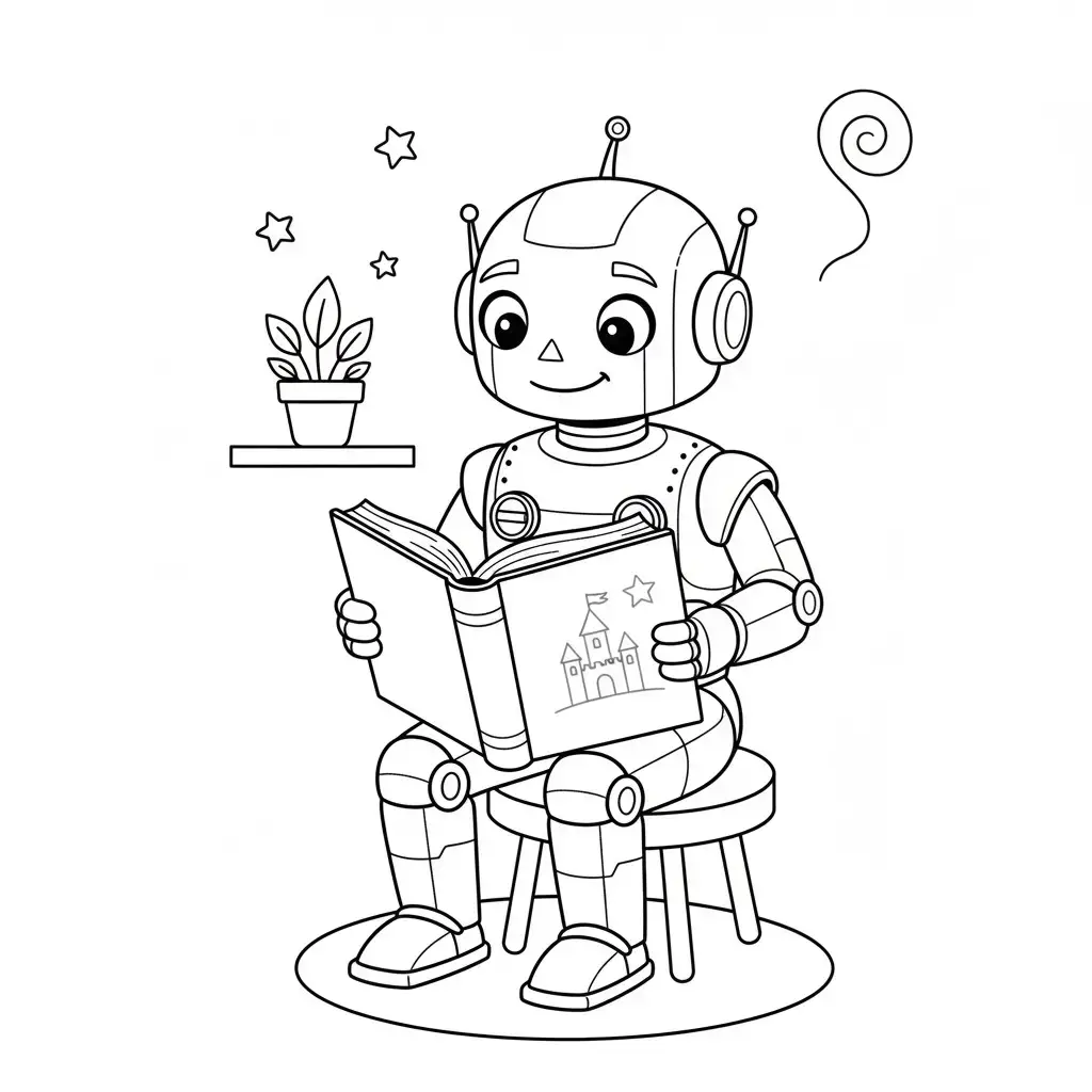 דף צביעה של רובוט קורא ספר להדפסה