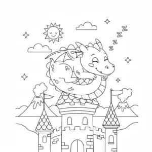 דף צביעה של דרקון ישן על טירה להדפסה