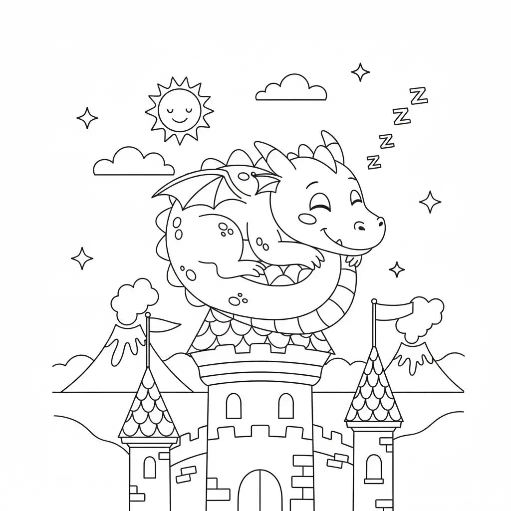 דף צביעה של דרקון ישן על טירה להדפסה