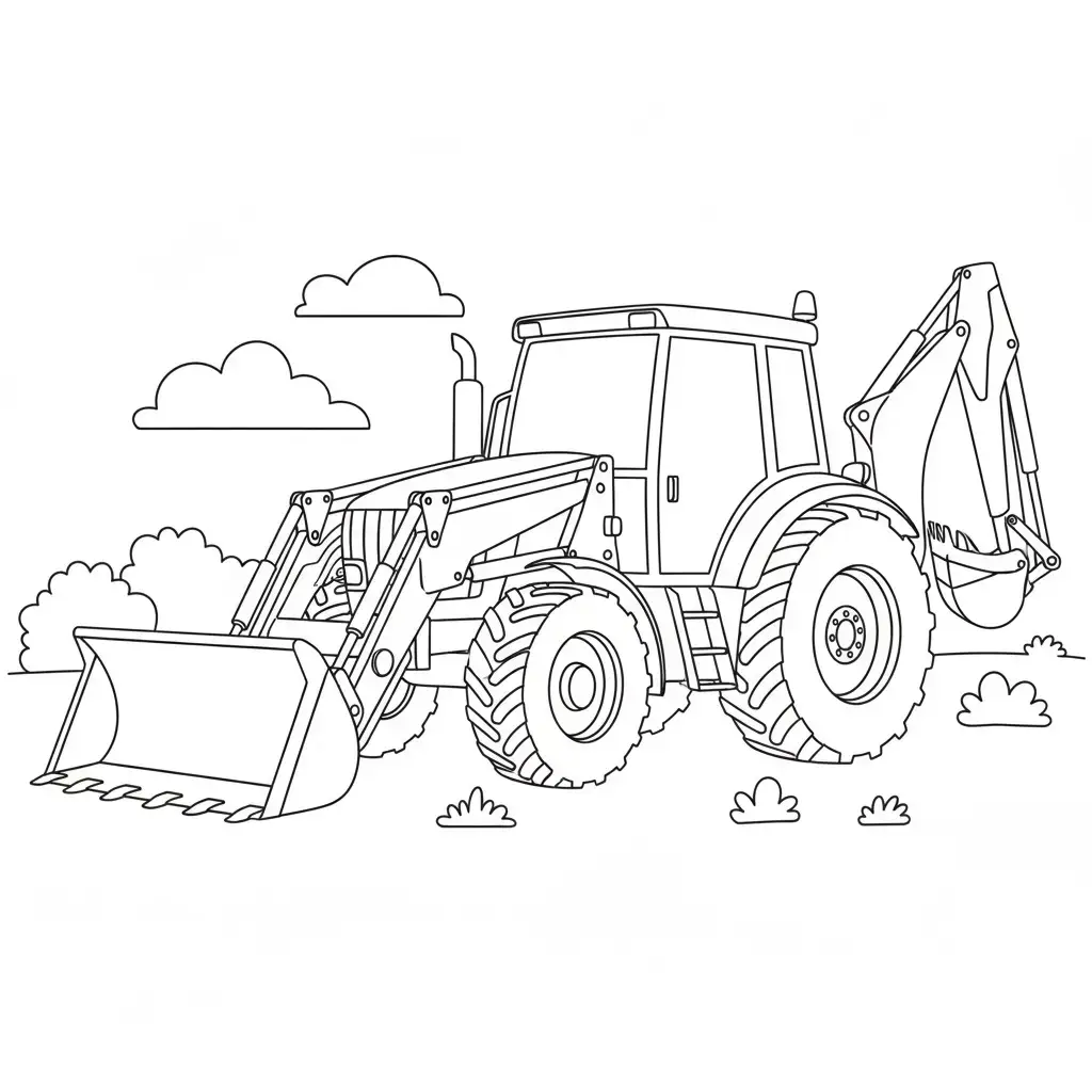 דף צביעה של טרקטור עם מחפרון ושופל להדפסה