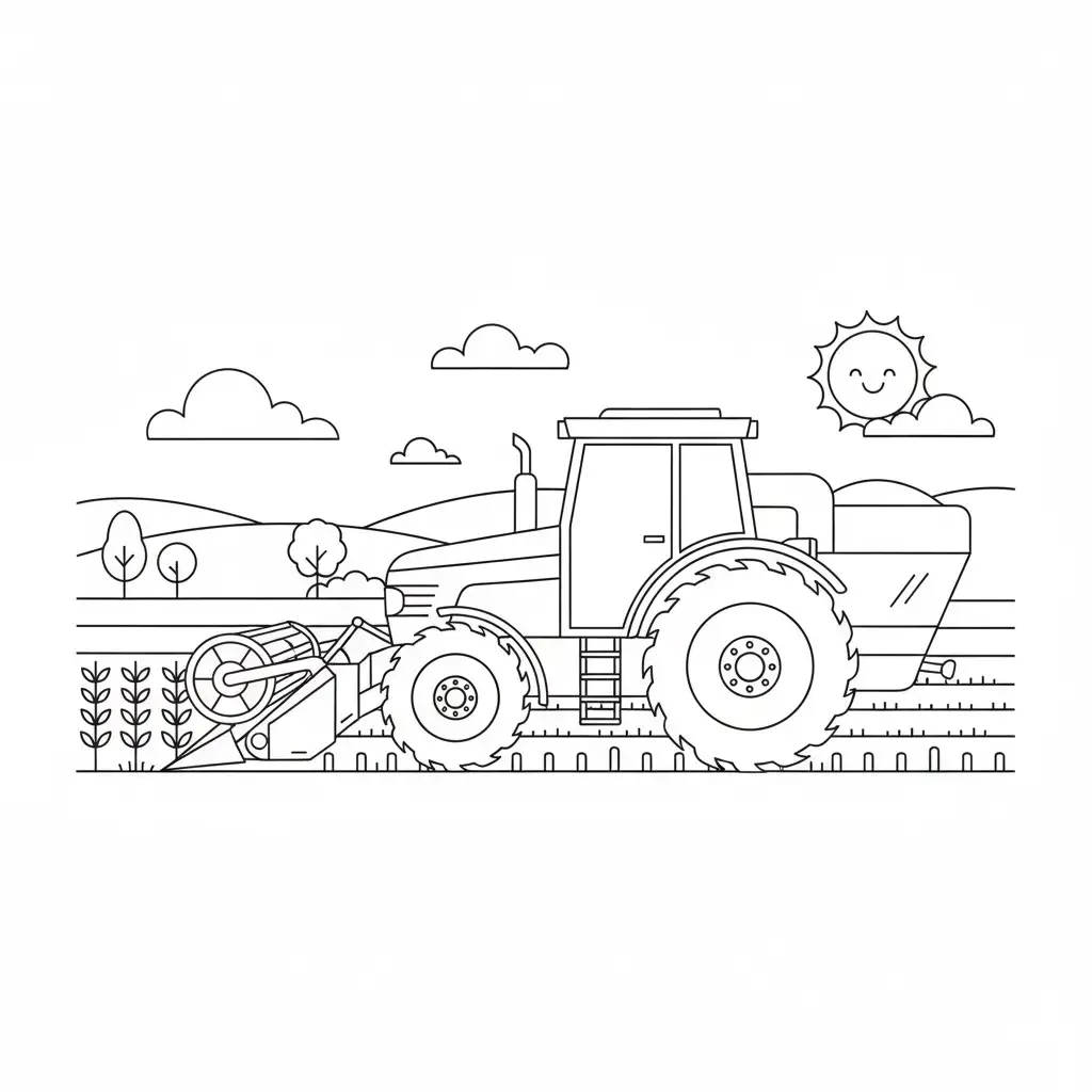 דף צביעה של טרקטור קוצר בשמש להדפסה