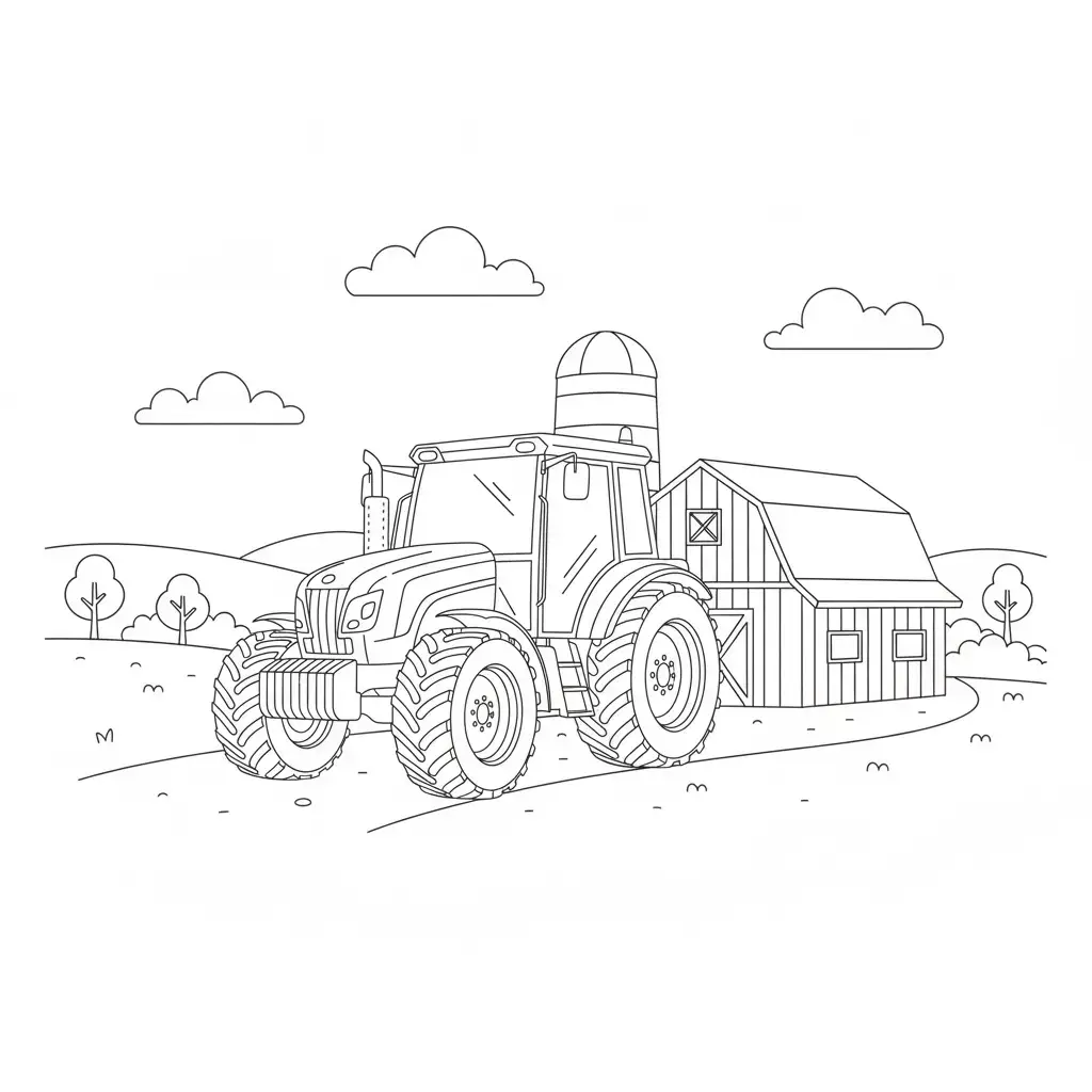 דף צביעה של טרקטור ליד אסם להדפסה