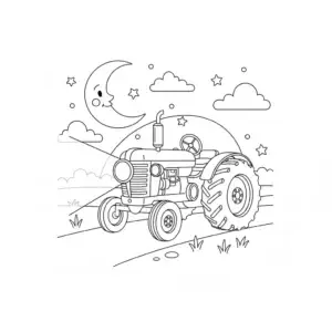 דף צביעה של טרקטור נוסע בלילה להדפסה