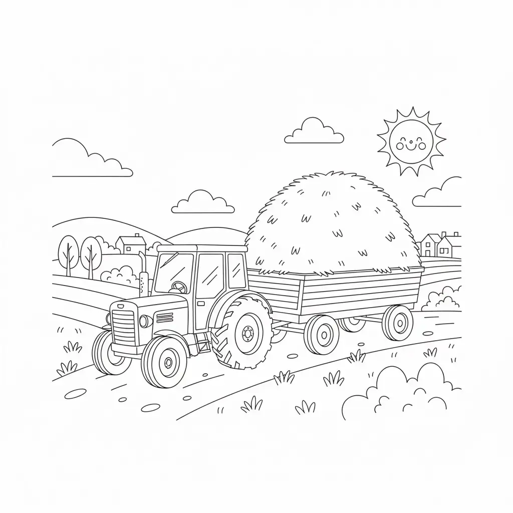 דף צביעה של טרקטור עם עגלת חציר להדפסה
