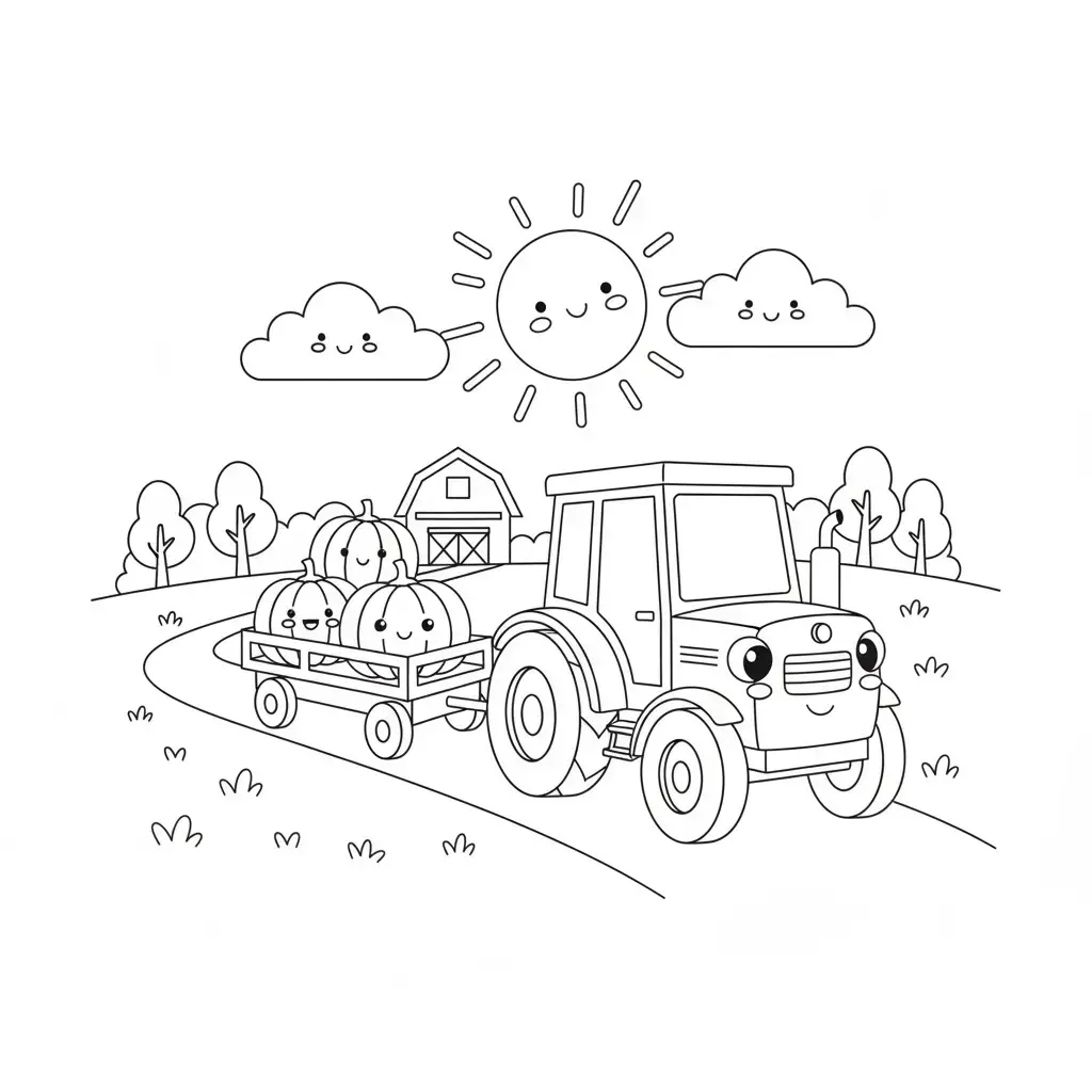 דף צביעה של טרקטור ועגלה עם דלעת להדפסה
