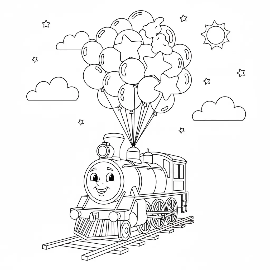 דף צביעה של רכבת ובלונים להדפסה