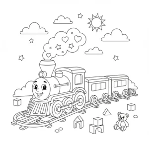 דף צביעה של רכבת וצעצועים להדפסה