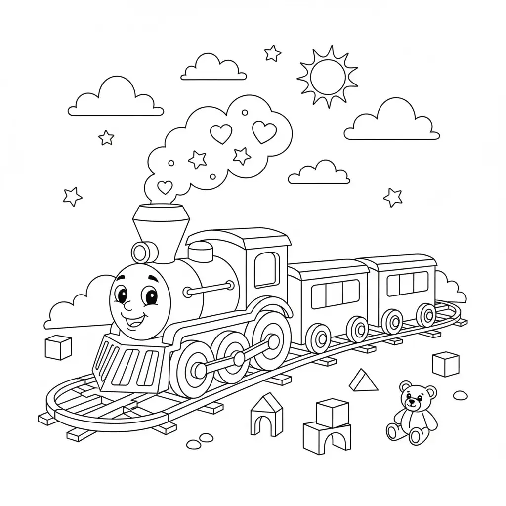 דף צביעה של רכבת וצעצועים להדפסה