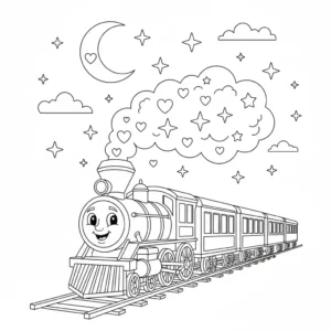 דף צביעה של רכבת ירח וכוכבים להדפסה